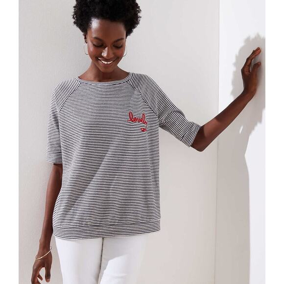 Loft Striped Short Sleeve Embroidered Lovely Blouse Size M - Picture 3 of 16